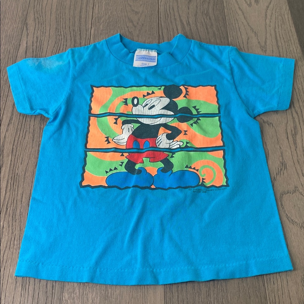 Vtg Disney Blue Mickey Mouse Short Sleeve Tee Youth Size 7 - Discoloration - 714